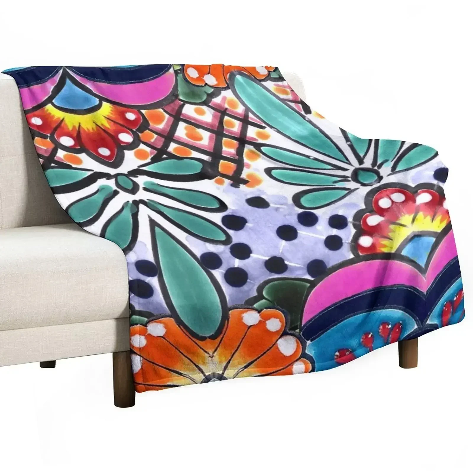 Colorful Talavera, Pink Accent, Mexican Tile Design Throw Blanket for sofa Large Blankets