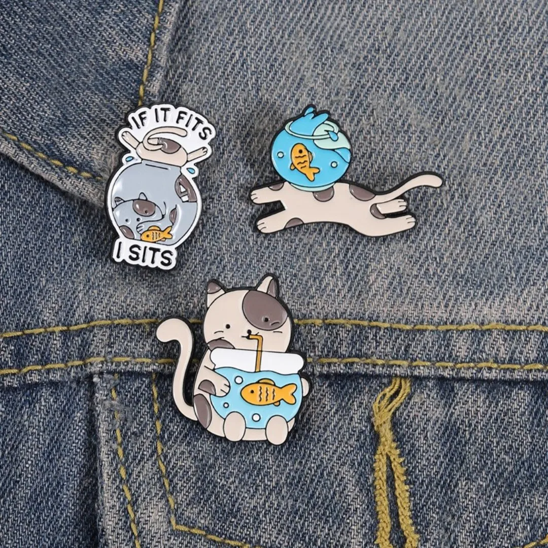 Funny Cat Fishbowl Enamel Pins Set 