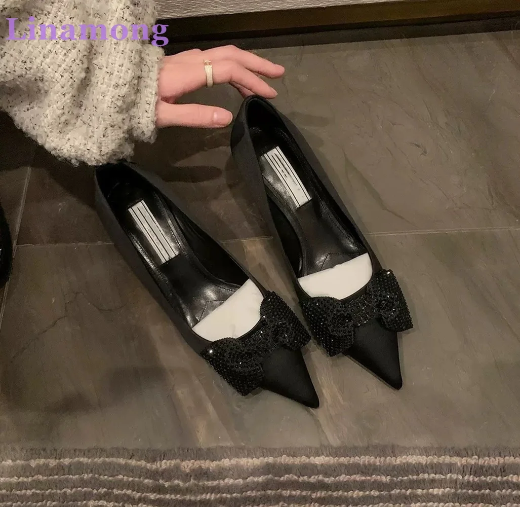 

Black Crystal Luxury Design Pumps For Female Women Pointed Toe Thin High Heel Sexy Elegant Shallow Slip-on Solid Party Shoes