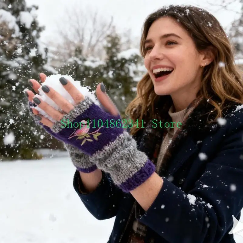

652F Winter Half Finger Gloves Knit Fingerless Mittens wth Thumb Hole Bird Embroidery Colorblock Short Hand Warmer for Women