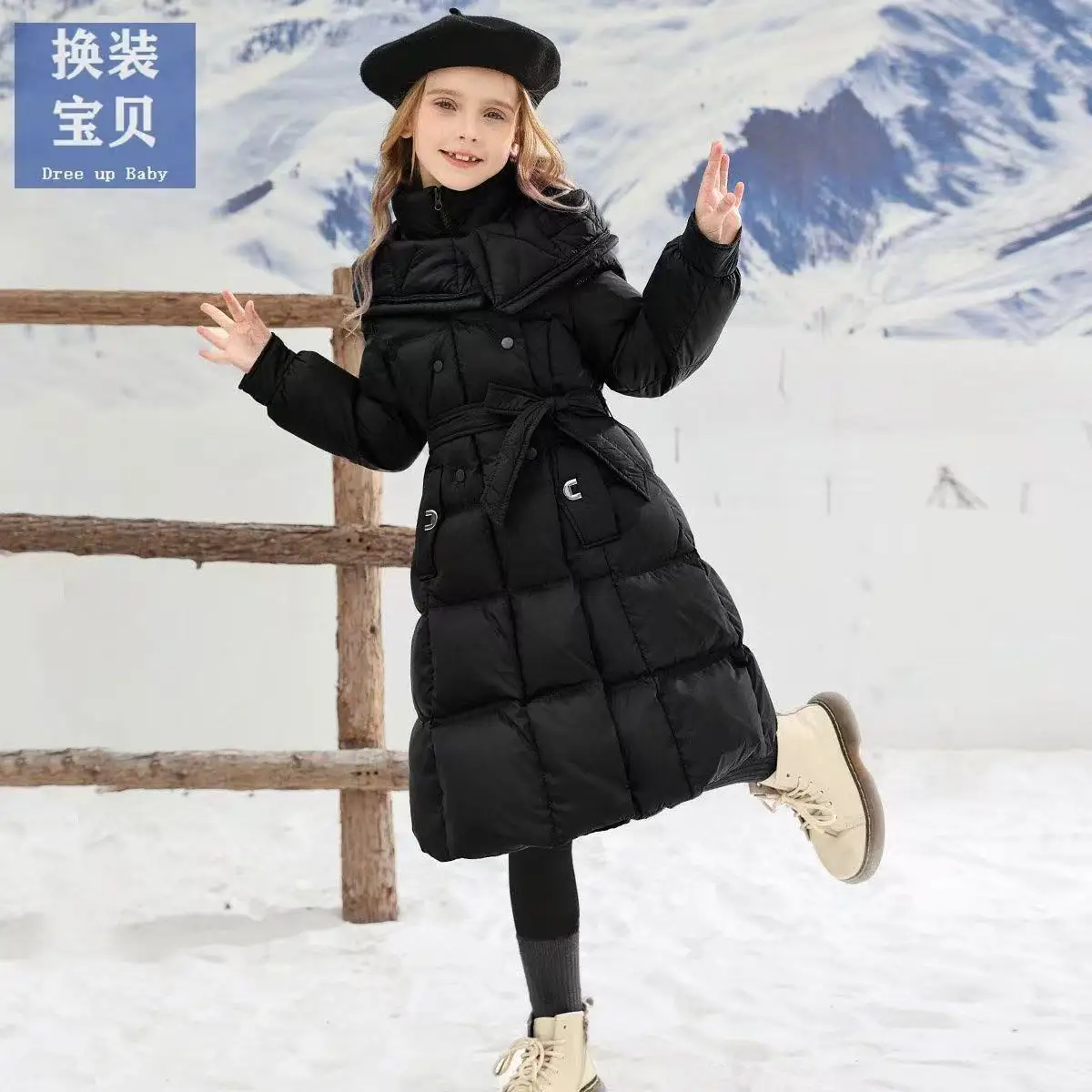 

-30℃ Long Style Girls Jacket Winter New Solid Color Thick Warm Fashion Hooded Trench Coat For 5-10Y Kids Cotton Down Snowsuit