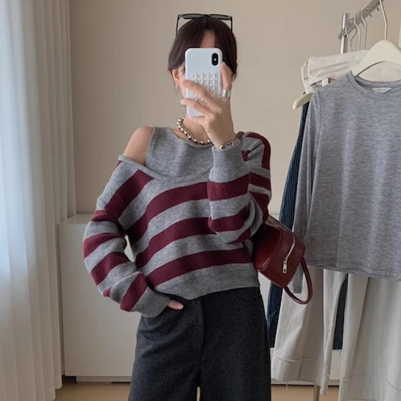 Kleurcontraststreep nep tweedelige off-shoulder trui herfst winter dames losse bovenkleding O-hals gebreide trui met lange mouwen