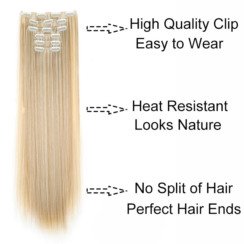 Extensión de cabello sintético de 24 pulgadas con 16 clips, lacia larga, rubia y negra, resistente al calor, para uso diario 5