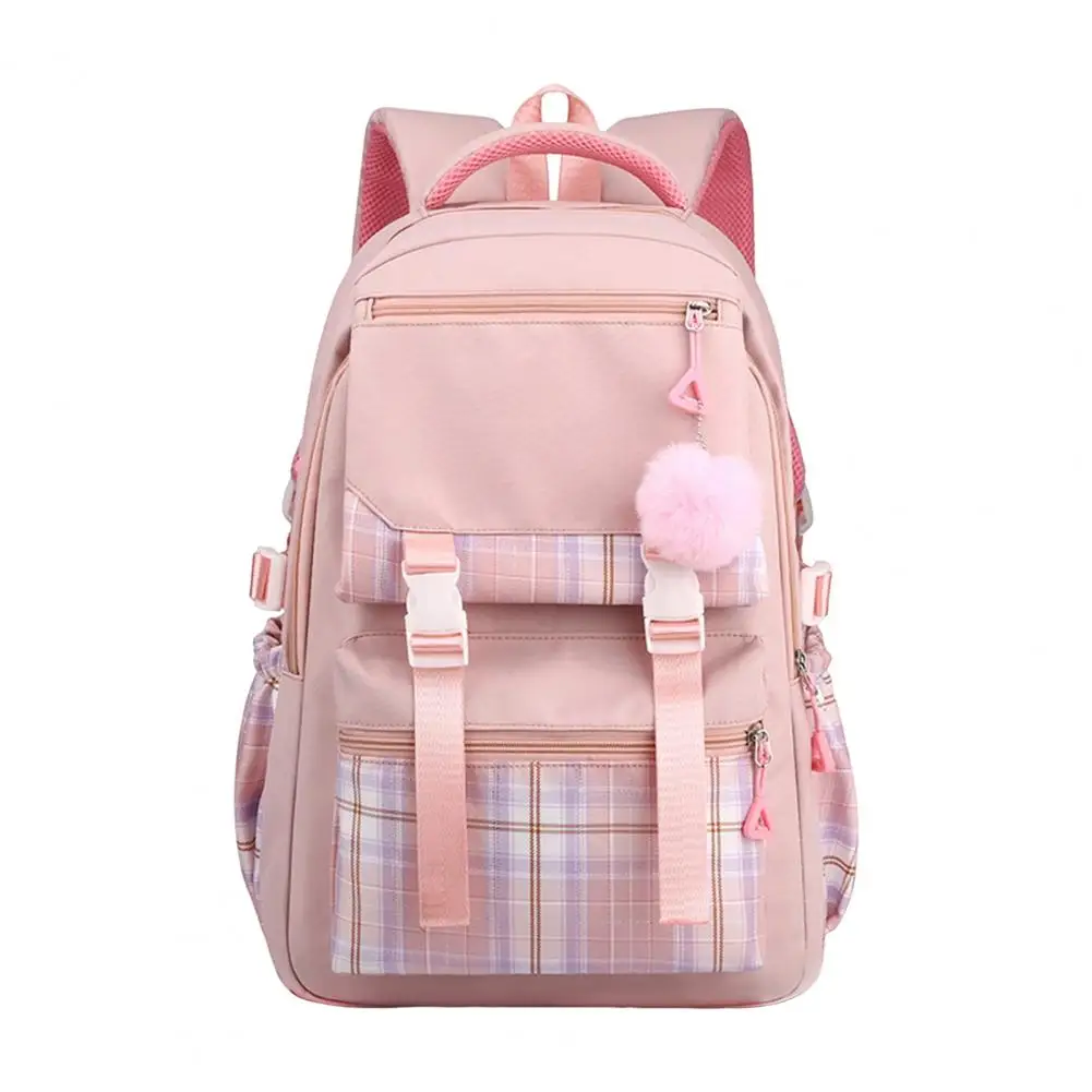 Backpack Plaid Print Student Backpack with Plush Ball Pendant Capacity Multi Compartment School Bag for Pupils for Outdoor