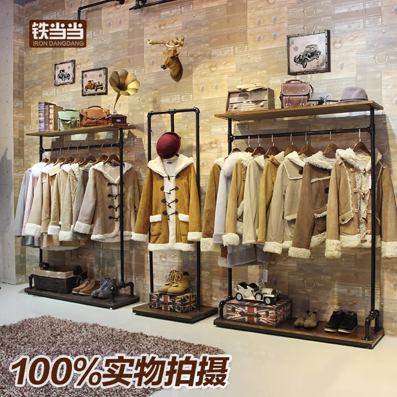 

Wrought iron clothing store hanger display rack retro clothing rack floor-to-ceiling men's women's clothing rack combin