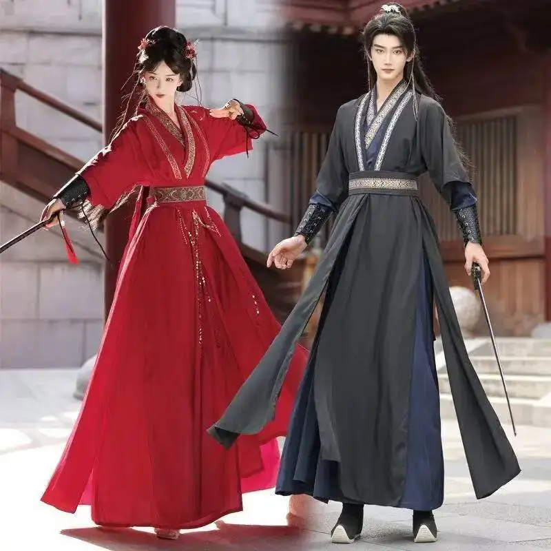

Plus Size Black Hanfu Ancient Chinese Cross Collar Long Robe Trendy Halloween Martial Wuxia Cosplay Costume Stage Show Clothing