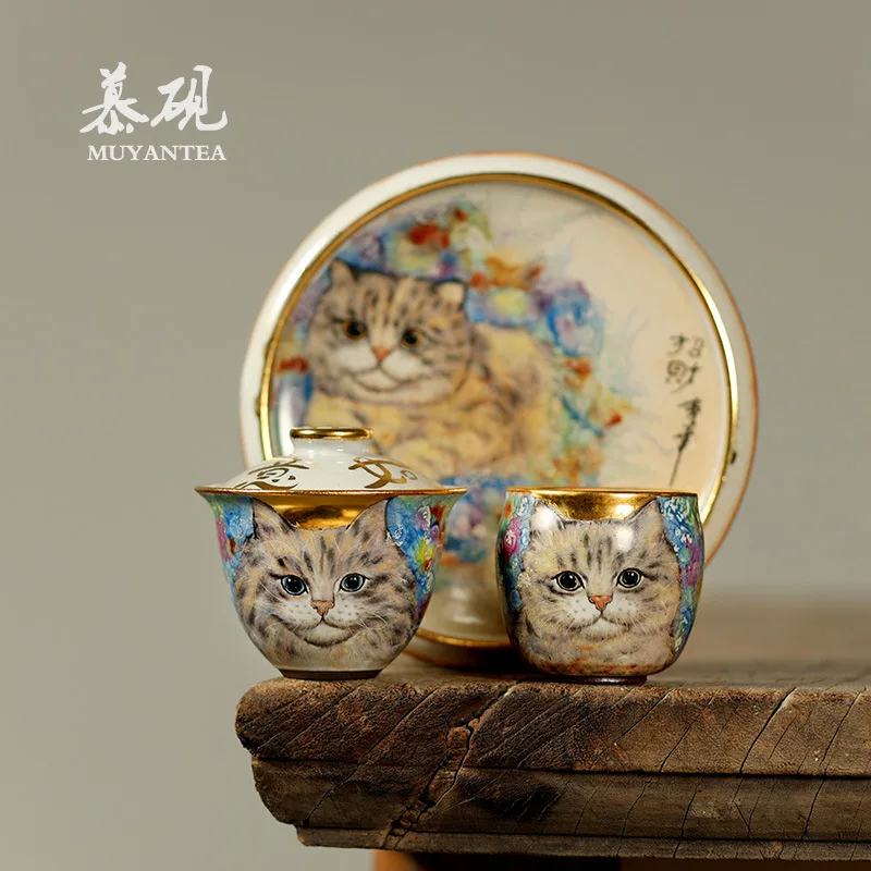 Taza Shino Hecha a Mano por Mu Yan, Juego de Cerámica Creativo, Tazón para Té, Gaiwan de Cerámica Cocido al Horno con Madera He Ni, Gato de la Fortuna en Tono Pastel