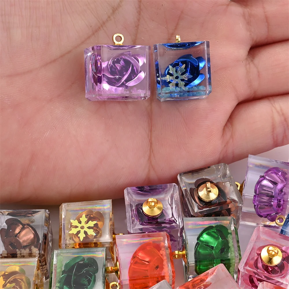 5 Stück transparente, quadratische, leuchtende Rosenblüten-Anhänger für DIY-Schmuckherstellung, Bastelarbeiten, Anhänger, Armbänder, Halsketten – Detail 6