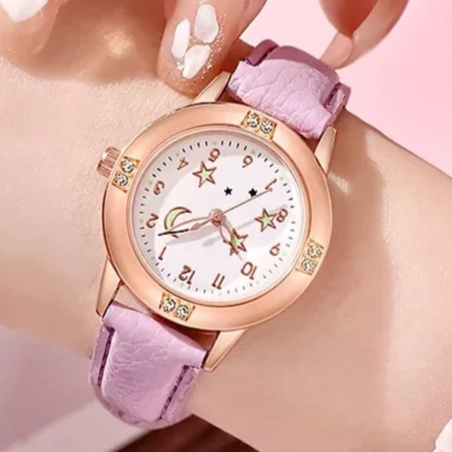 ساعة كاجوال لطيفة على شكل نجمة قمر مضيئة للأطفال للنساء والفتيات ساعة يد نسائية جلدية جديدة كوارتز ساعة Montre فام #6