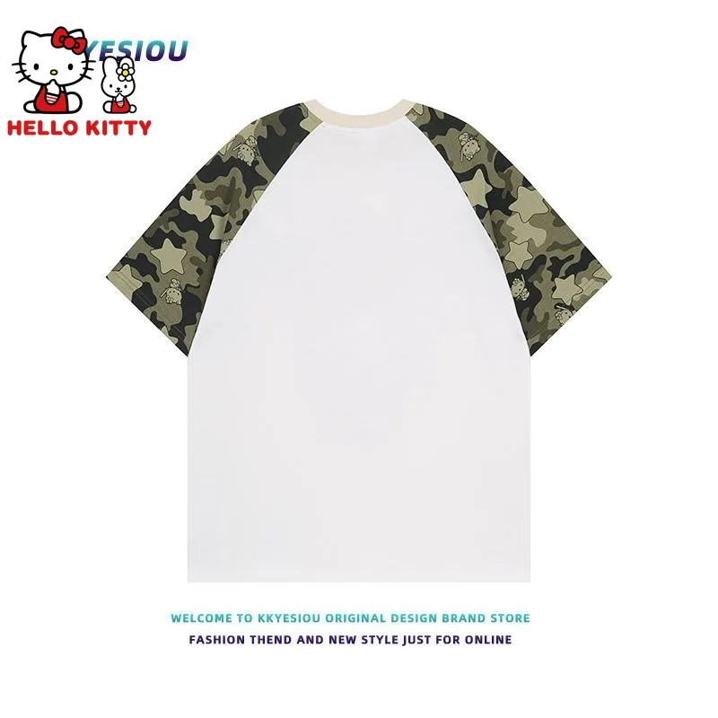 Hello Kitty Loose Camouflage Printing T-shirt Cotton American Casual Cartoon Women Men Short Sleeve Fashion Tees Couple Clothing