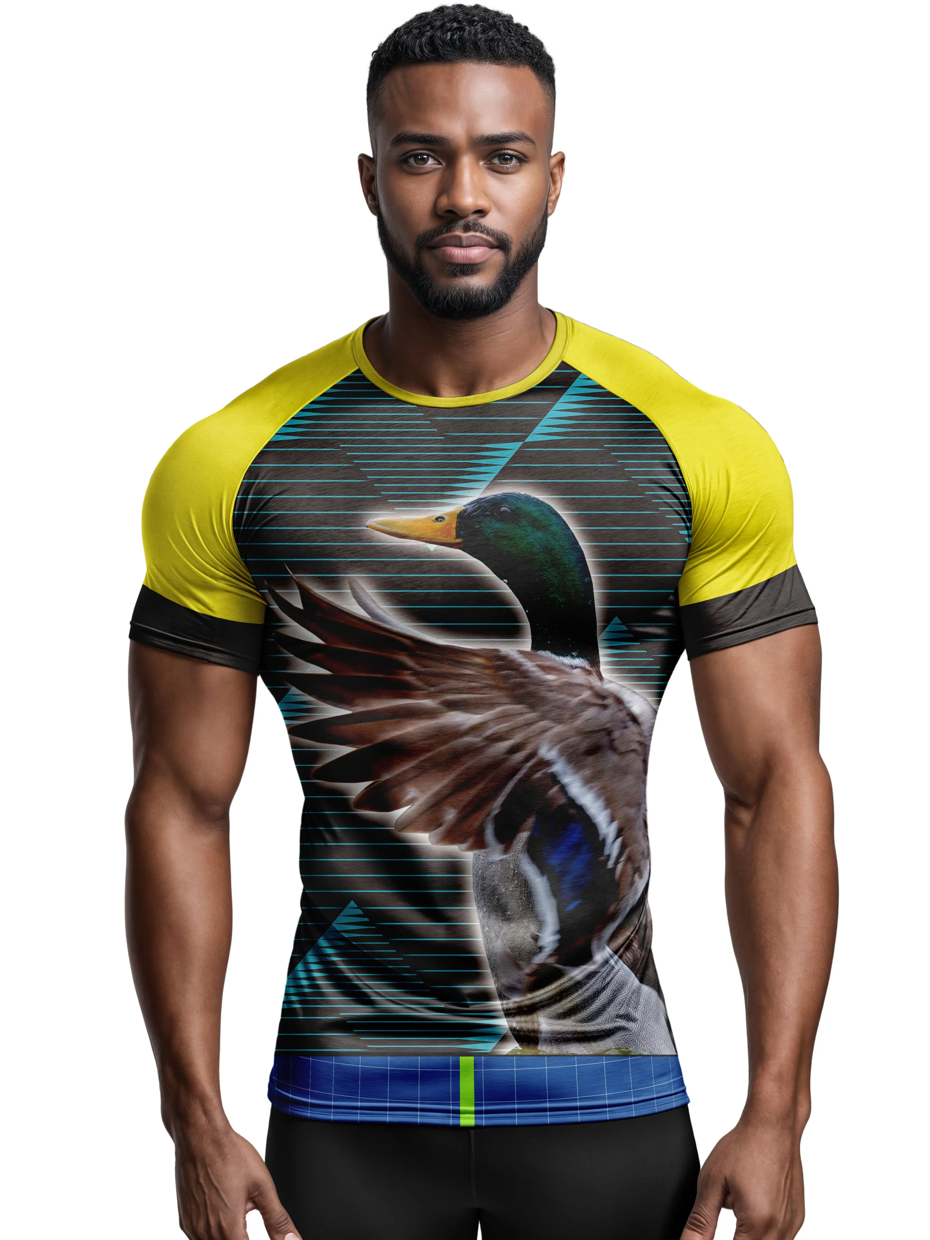 Men Sports Raglan Short Sleeve T-shirt High Elastic Quick Dry Mallard Duck Print Breathable Hunting Fitness Top