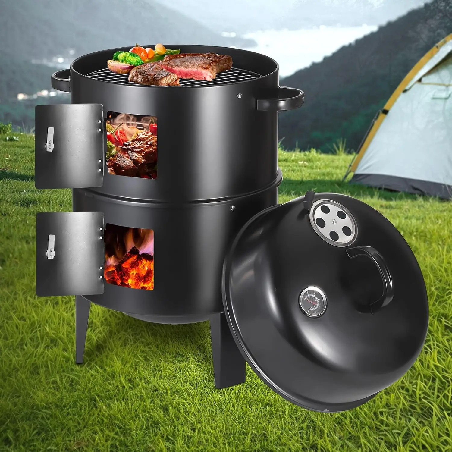 

17 Inch Vertical Charcoal Smoker Grill with Thermometer, 3-in-1 Portable BBQ with 2 Access Doors