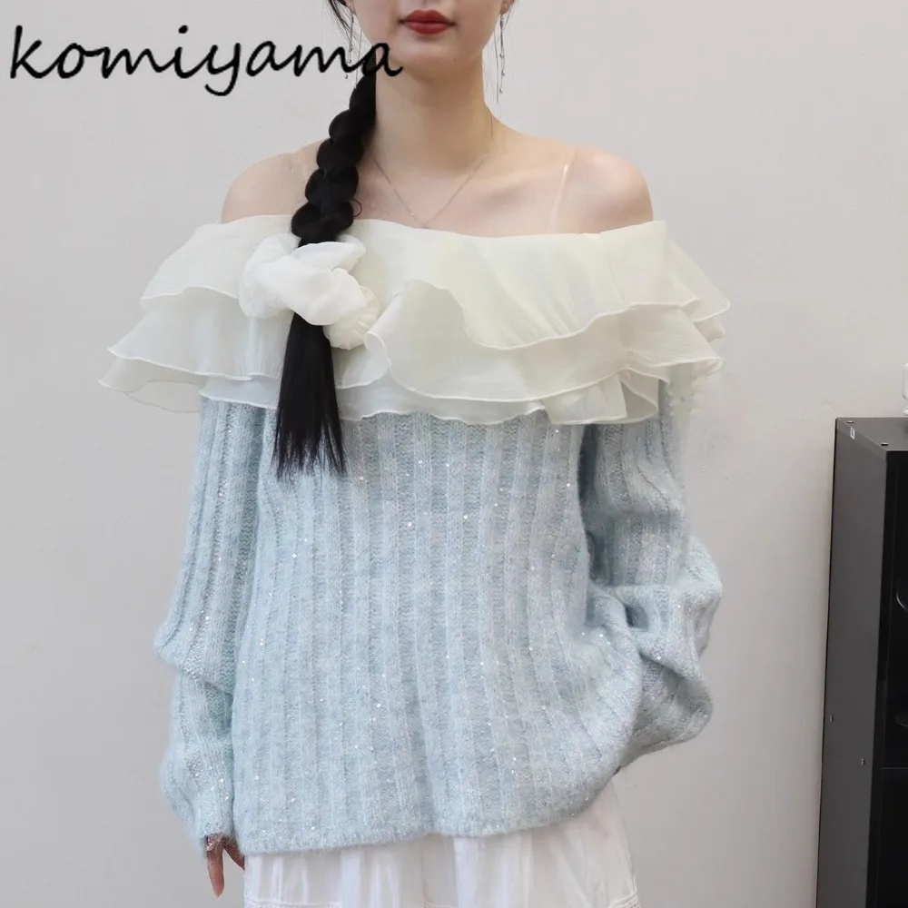 

Оборки с разрезом на шее Ropa De Muje, вязаный Roupas с блестками, новый нежный свитер, осенне-зимняя женская одежда, свободная одежда с длинными рукавами Sueter