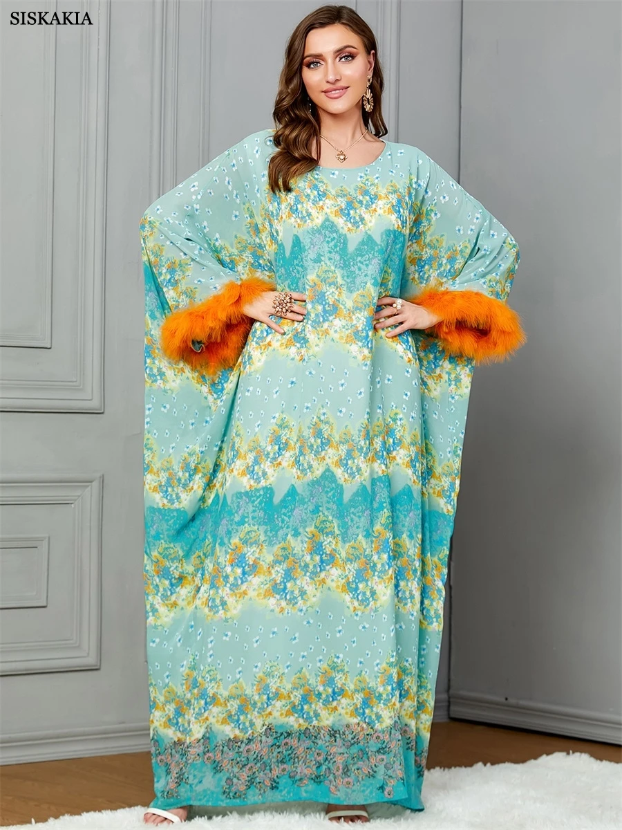 

Siskakia Elegant Printing Loose Islamic Dresses Feather Batwing Sleeve Maxi Size African Women Abayas Moroccan Saudi Kaftan 2024