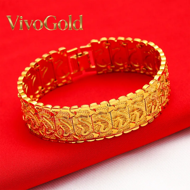 

VivoGoldMen's 24K Gold (AU999) Overbearing Long Dragon Watch Chain | Gold-inlaid dragon eyes, hammered dragon bone with adjustab