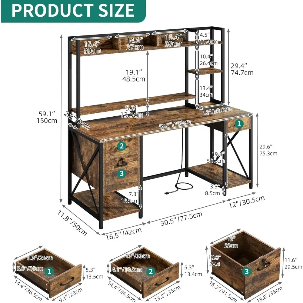 DWVO Computer Desk with Drawers & Hutch, 59.1