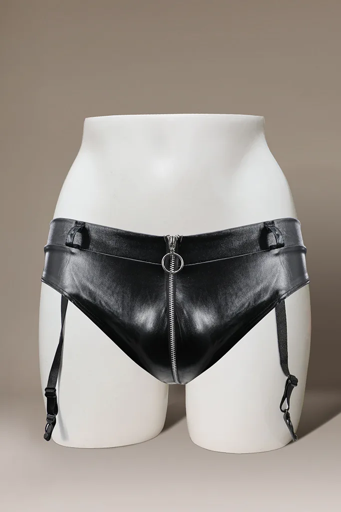 Men's Faux Leather Brief with Zipper & Garter Straps, High-Rise Sexy Underwear