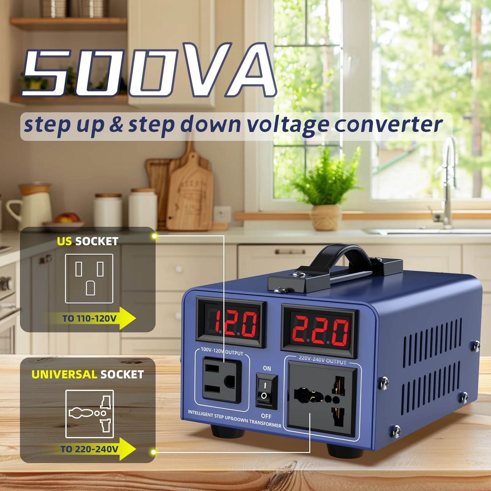 Voltage Converter Transformer, 500VA, Heavy Duty Step Up/Down Power Transformer, Convert from 110V to 220V and 220V to 110V, with EU Outlets, US Outlets, Power Cord, Circuit Breaker Protection for Traveling Camping