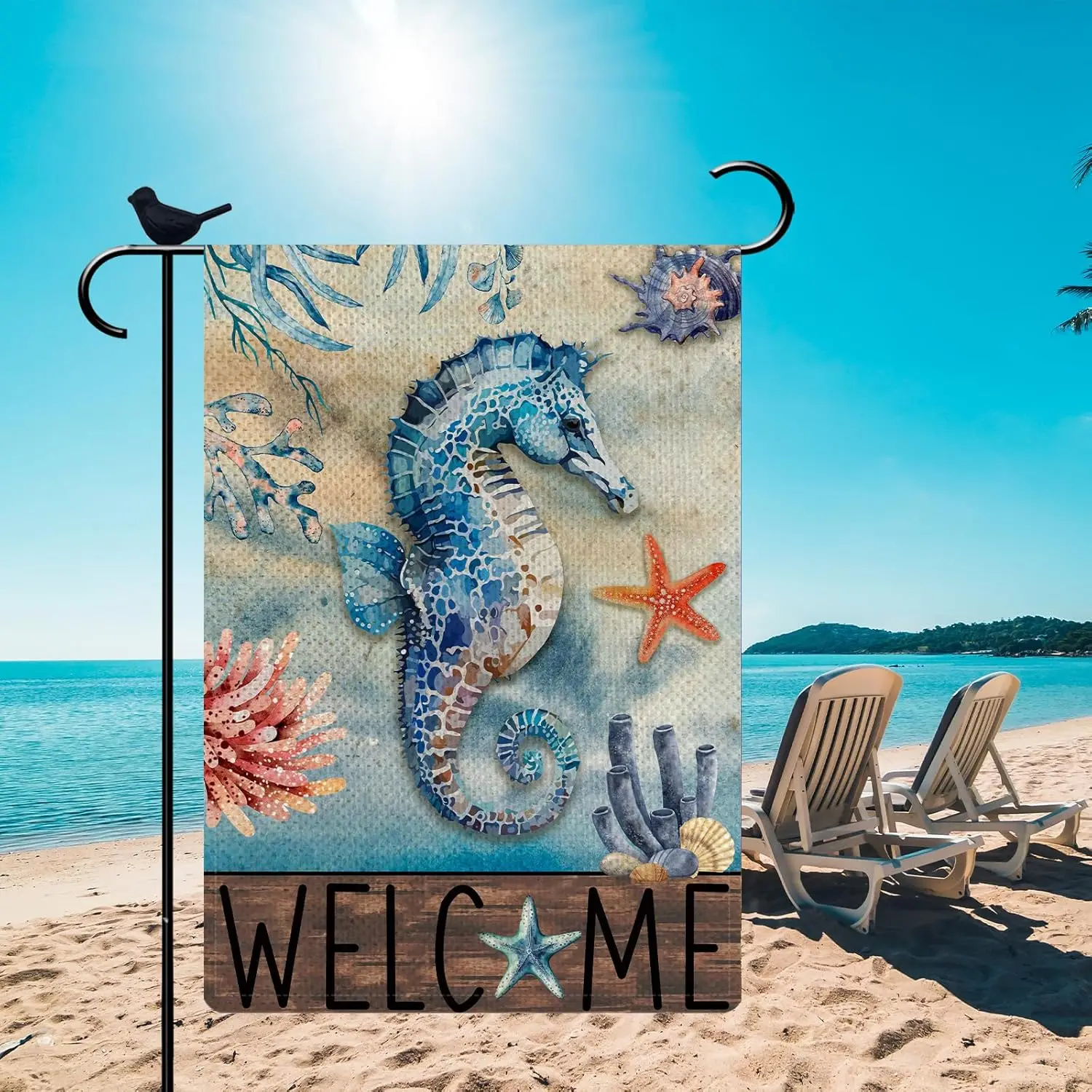 Seahorse Welcome Summer Garden Flag Sea Beach Burlap Garden Flag 12.5 x18 Inch Double Sided Rustic Seasonal Ocean Yard Flag Outd