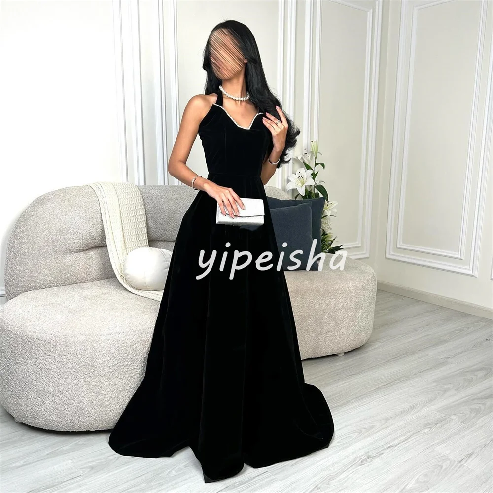 Customized Exquisite Elegant Velour Pearl Pleat A-line Halter Long Dresses Bespoke Occasion Dresses High Quality Sizes Available