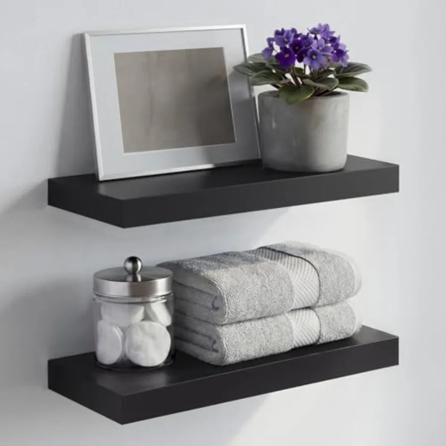 

16 inch Black Floating Shelves for Bathroom Wall Mounted High End Solid Real Wood Heavy Duty Bracket 16 X 6.5 X 1.75 in Set of