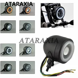 Motorcycle Retro LED Driving Headlight Fog Light with white angel eyes For Harley Cafe Racer Chopper Auxiliary Spotlight Lamp