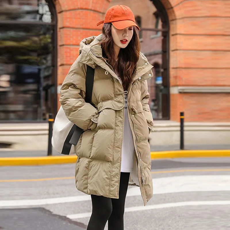 New Women's Mid-Length Down Jacket Winter Hooded Coat Korean Style White Duck Down Padded Warm Puffer Jacket Woman JK-157