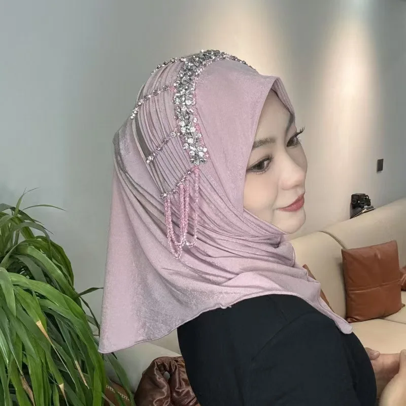 Pañuelo para la cabeza de África para mujer, bufanda extraíble de esponja de ala suave que combina con todo, cubierta para la cabeza de primavera, borla de diamantes, sombreros Hijab de lujo con cuentas para chica