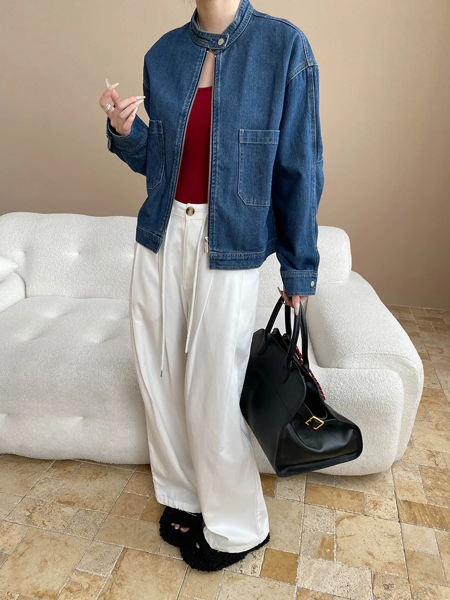 Women Denim Short Coats Solid Jackets Stand Collar Double Zipper Long Sleeves Loose Fit Office Lady Casual 2025 Spring Autumn