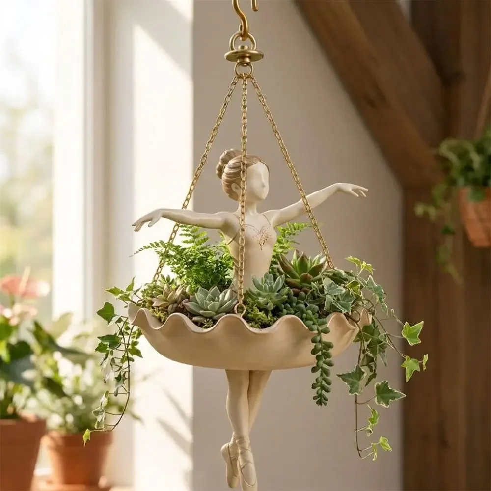 Resin Ballet Dancer Hanging Planter Whimsical Hand Carved Fairy Flower Pot Vintage Weather Resistant Succulents Planter