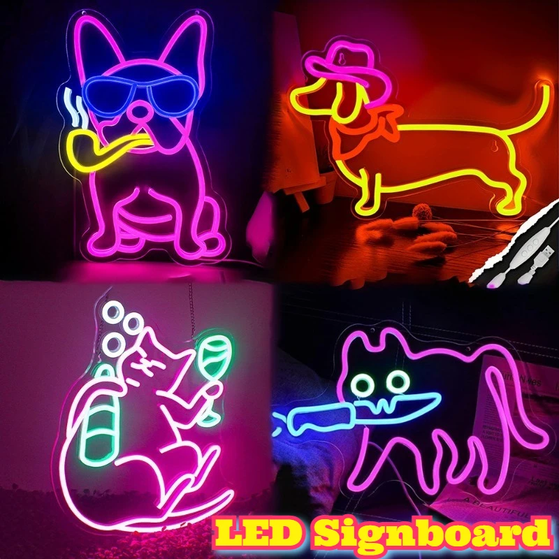 

USB Powered LED Neon Sign Pet Theme Dog Breed Dachshund Bulldog Cat Drinking Scene Skateboarding Moon Light Wall Decor Home Room