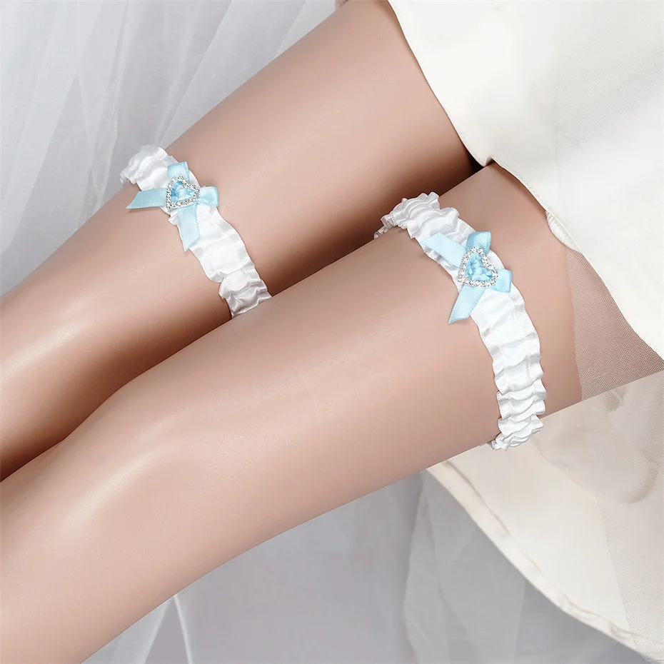 Efily Blue Bow Wedding Garter 2pcs/set Bride Dress Accessories for Women Party Rhinestone Lace Bowknot Bridal Leg Garter Gift