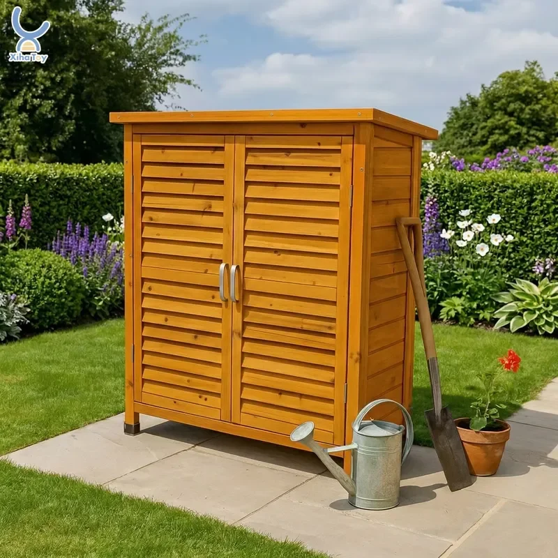 Deluxe Wooden Garden Storage Shed Cabinet Waterproof Outdoor Tool Organizer with Shelves for Backyard Patio Poolside & Yard