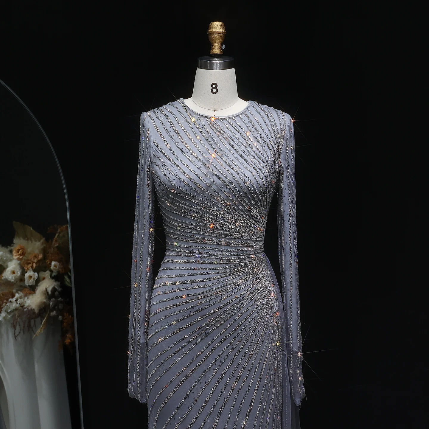 Sharon Said Luxuriöses Graublaues Meerjungfrauen-Abendkleid mit Seitenrock in Roségold für Damen, Hochzeitsfeierkleid 2026 SS113 Maßanfertigung – Detail 16