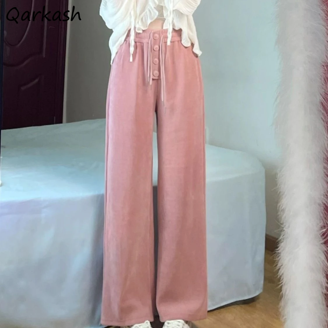 

Corduroy Pants American Retro Plus Velvet Thicker Buttons Drawstring Loose Slender Solid High Waist Wide Leg Trousers All-match