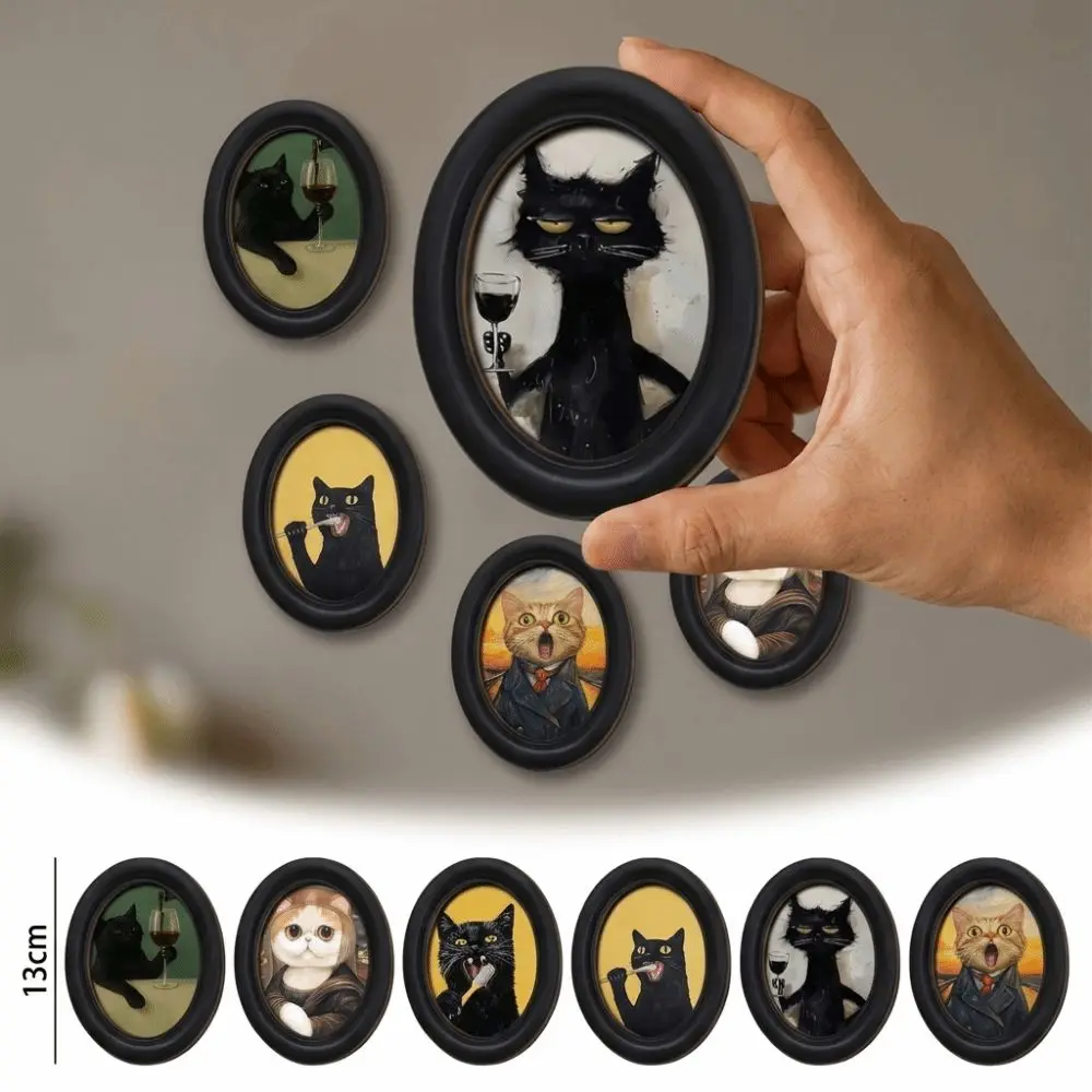 Durable 2D Abstract Wall Art Oval Shaped Wooden Wall Decor Adhesive Mounting Black Frame Cat Portrait Decor Home