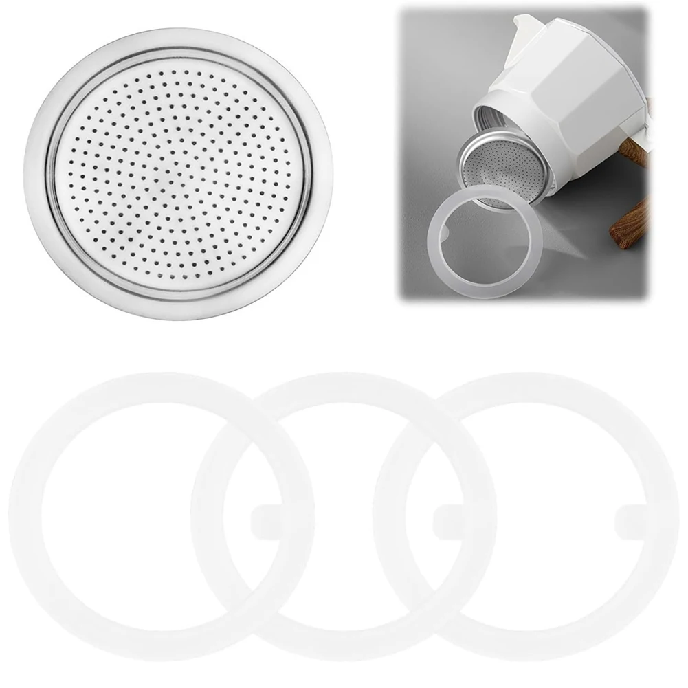 Juego de repuesto para olla Moka con juntas de silicona y filtro de acero inoxidable para elaboración de café expreso confiable y consistente