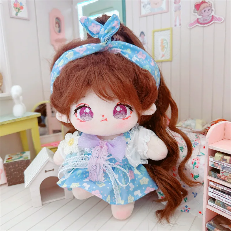 20cm Kawaii Blue Flower Dress Doll Clothes Cute Horsetail Idol Doll Outfit Accessories Overall for Star Plush Toys Girls Gifts