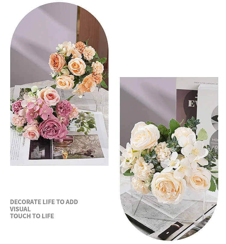 Künstliche Pfingstrose, Hortensien, rosa Rosen, Blumenstrauß, Seidenblumen für Hochzeit, Party, Blumenstrauß, gefälschte Blumenarrangements, Heimdekoration – Detail 13