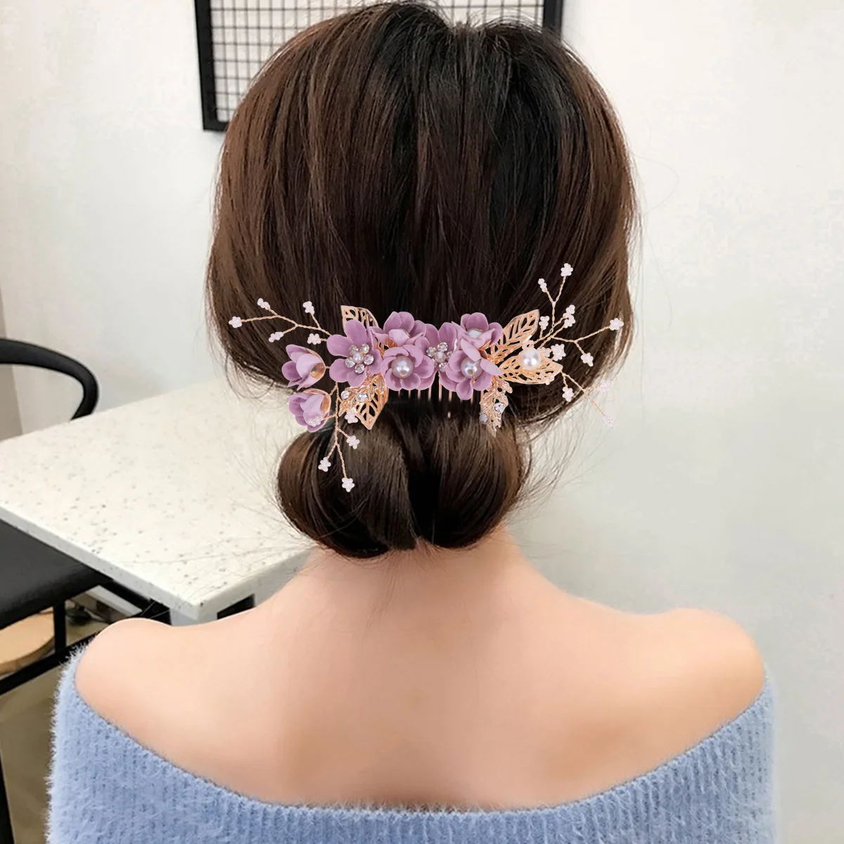 3pcs Bride Headdress Simulation Flower Hair Comb Hairpin Set Fashion Hair Accessories for Wedding Blue