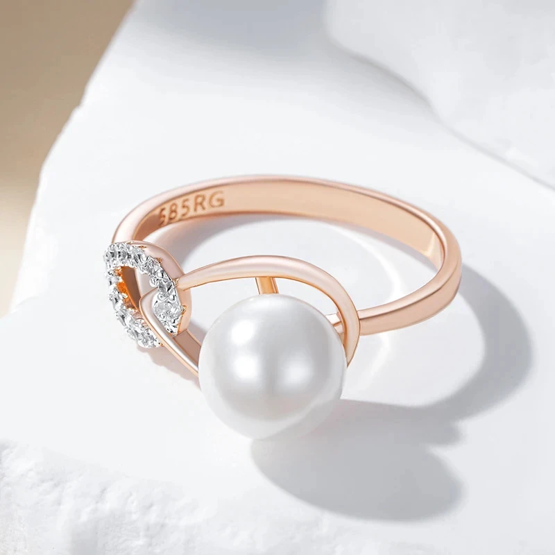 Wbmqda Luxury Pearl Women\'s Rings 585 Rose Gold Silver Color Ethnic Wedding Party Fine Zircon Jewelry Accessories