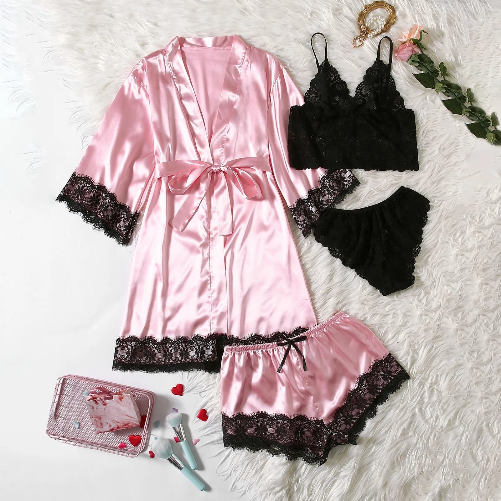 Women's Satin Robe 4 Piece Set Long Pajama Set Cardigan Silk Pajamas Women's Tops and Shorts Casual Plain Pajamas Nightdresses