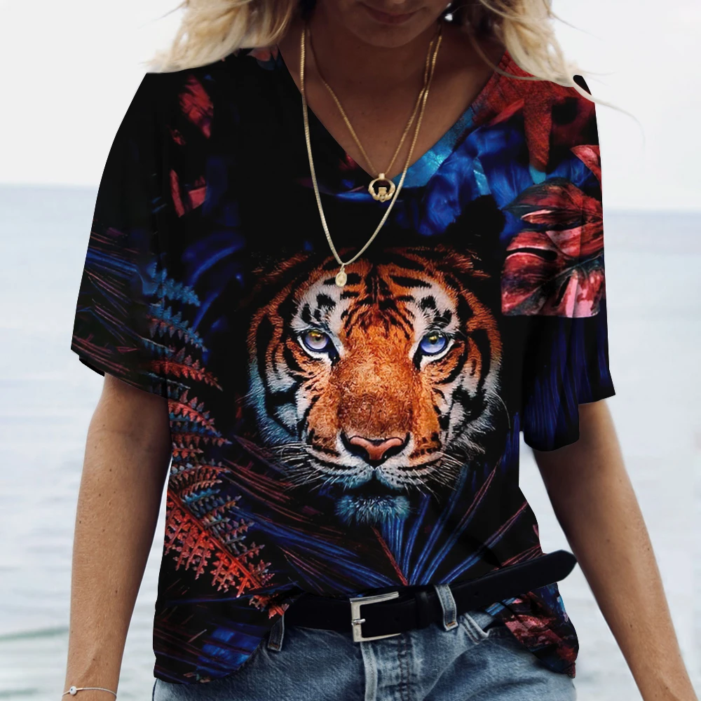 New Women\'S T Shirt 3d Animal Print V-Neck Short Sleeve Tops Tees Streetwear Female Oversized Tshirt Fashion Woman Clothing 2023