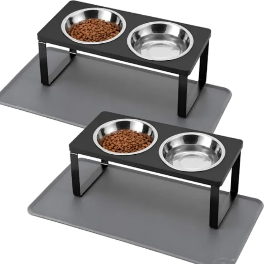 

2Pack Elevated Cat Bowls with Food Mat, 15°Tilted Stand Anti Vomiting Raised Cat Dishes for Food and Water, 2 Stainless Steel B