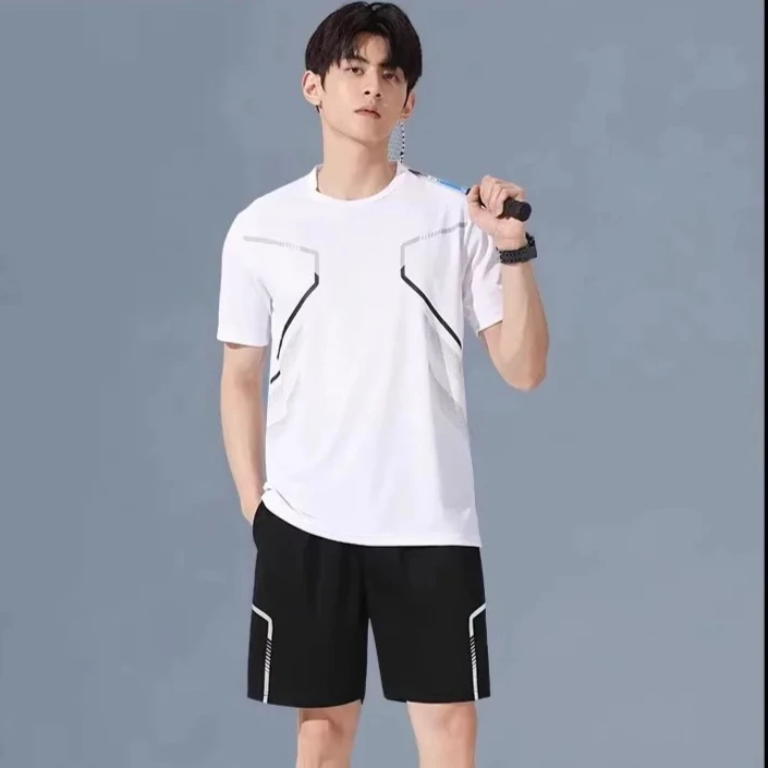 

1pc Men Summer Ice Silk Sports Suit Quick Dry Short Sleeve Shorts Breathable Athletic Outfit For Running Gym Fitness Badminton