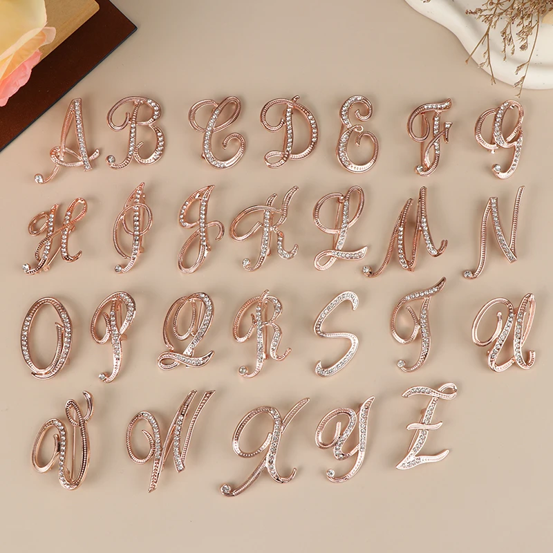 Women Luxury Letter Brooch Pins In Rose Gold Color Rhinestones Crystal English Alphabet Pins Cute Jewelry Accessories Gift