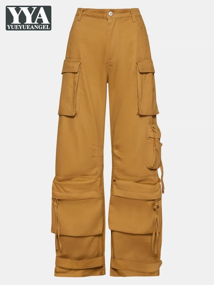 Summer Women Casual Multi Pockets Wide Leg Pants Solid Color Loose Fit Straight Trousers Ladies Fashion High Street Cargo Pants
