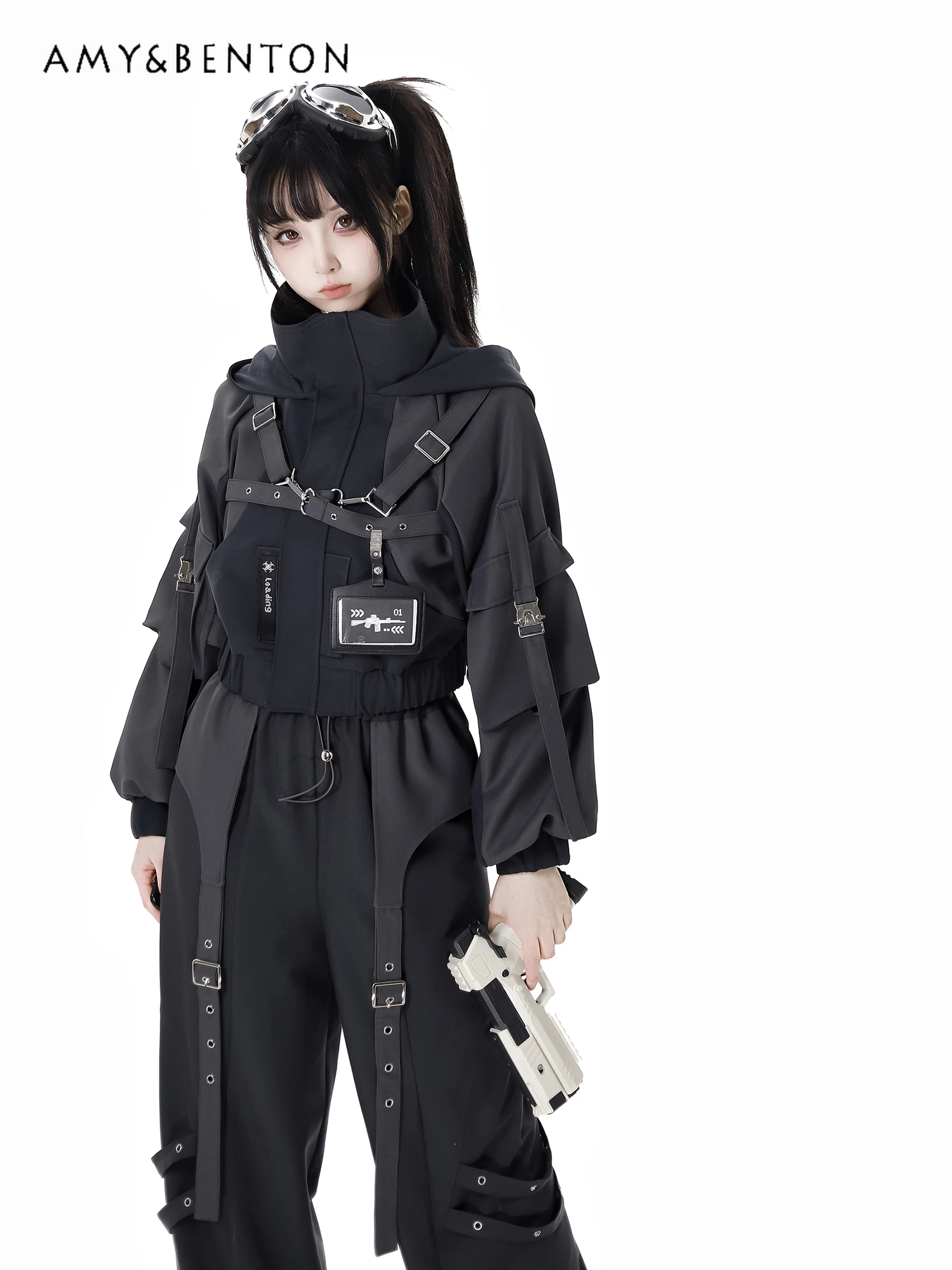Gothic Splicing Mechanical Style Sets Sweet Cool Hooded Oversized Zipper Jacket Elastic Waist Casual Trousers Subculture Outfits