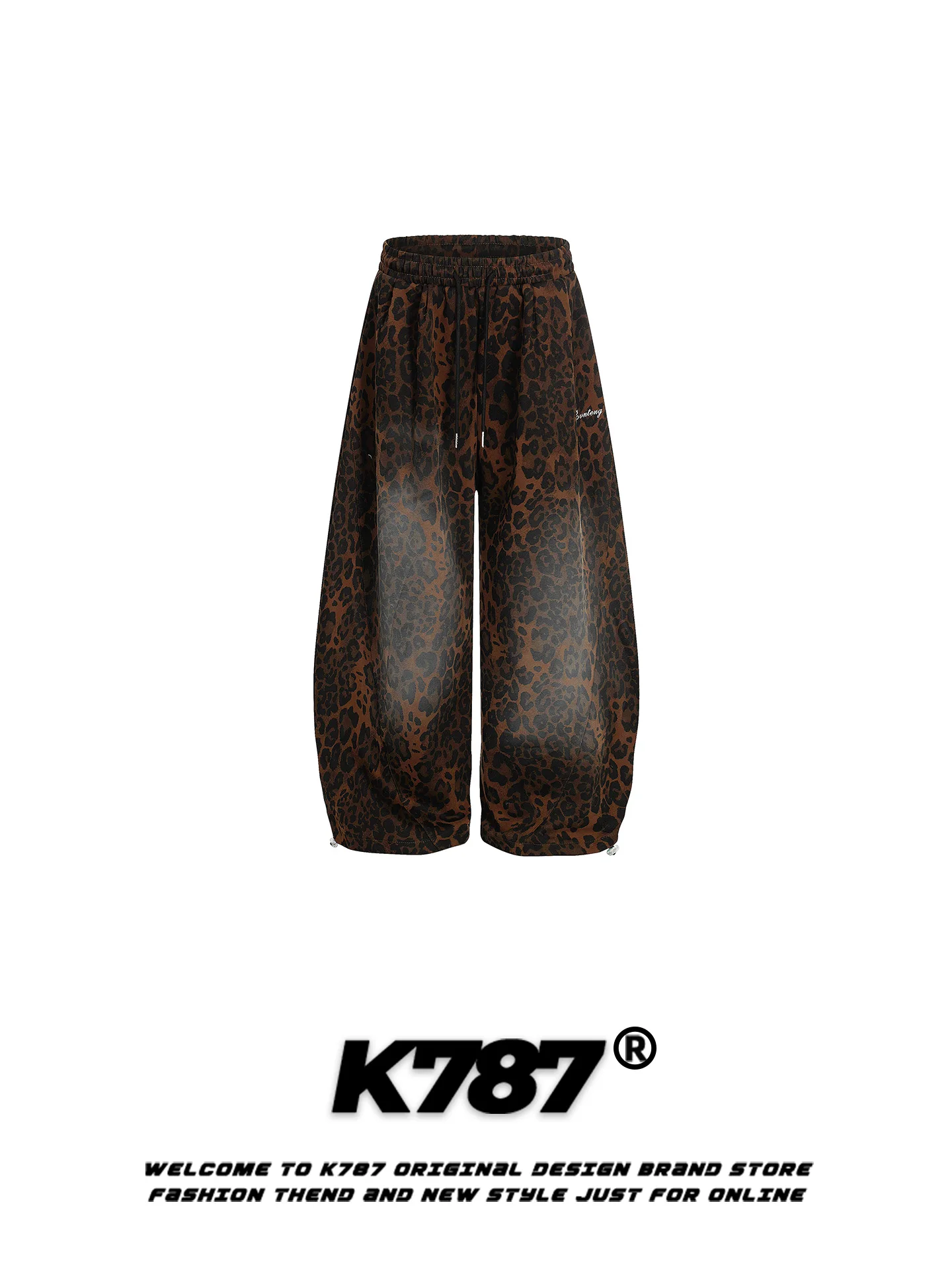 

K787 American Retro Leopard Print Drawstring Casual Sweatpants Loose Fit High Waist Slimming Floor-Length Trousers Unisex