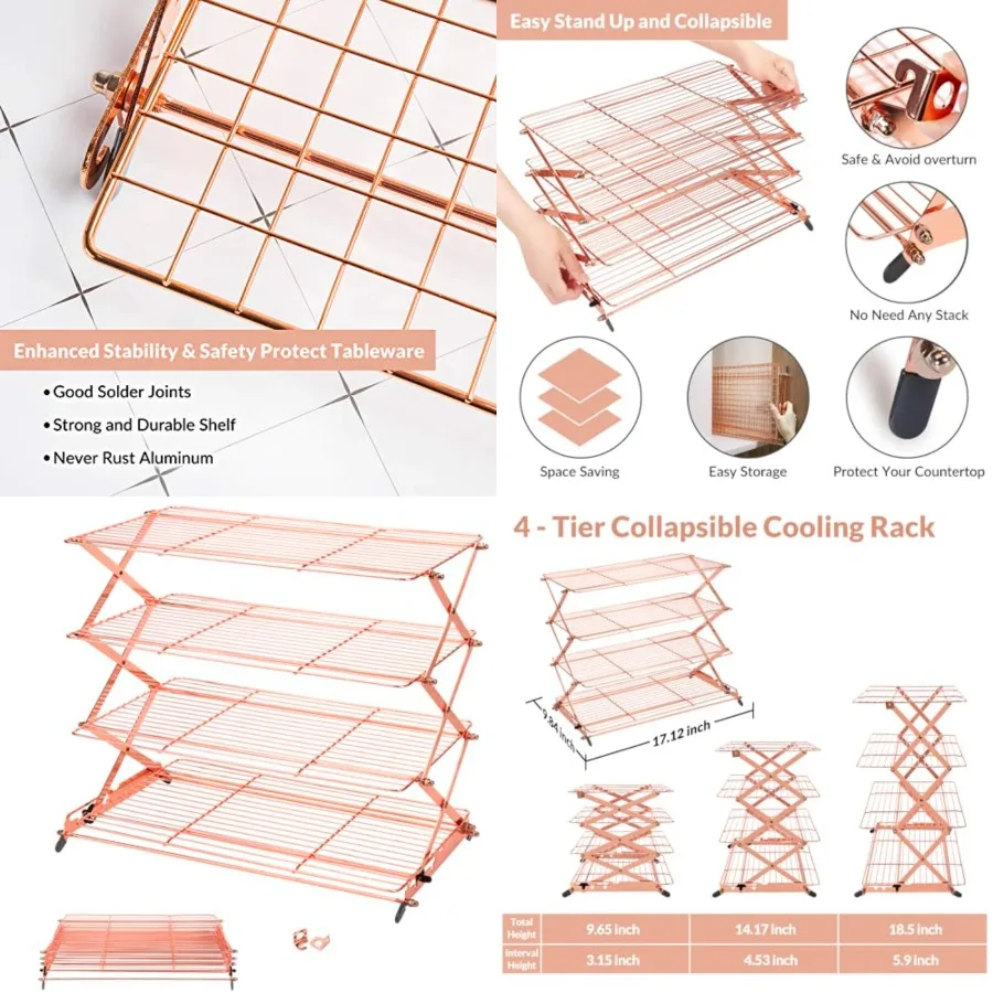 

2/3/4-Tier Collapsible Cooling Rack with Adjustable 3 Setting Design Stackable Cooling Roasting Cooking for Cookies Baking - Co